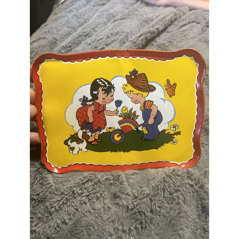 Vintage Ohio Art Tin Litho Tea Tray Girl Boy Wheelbarow Dog Flowers